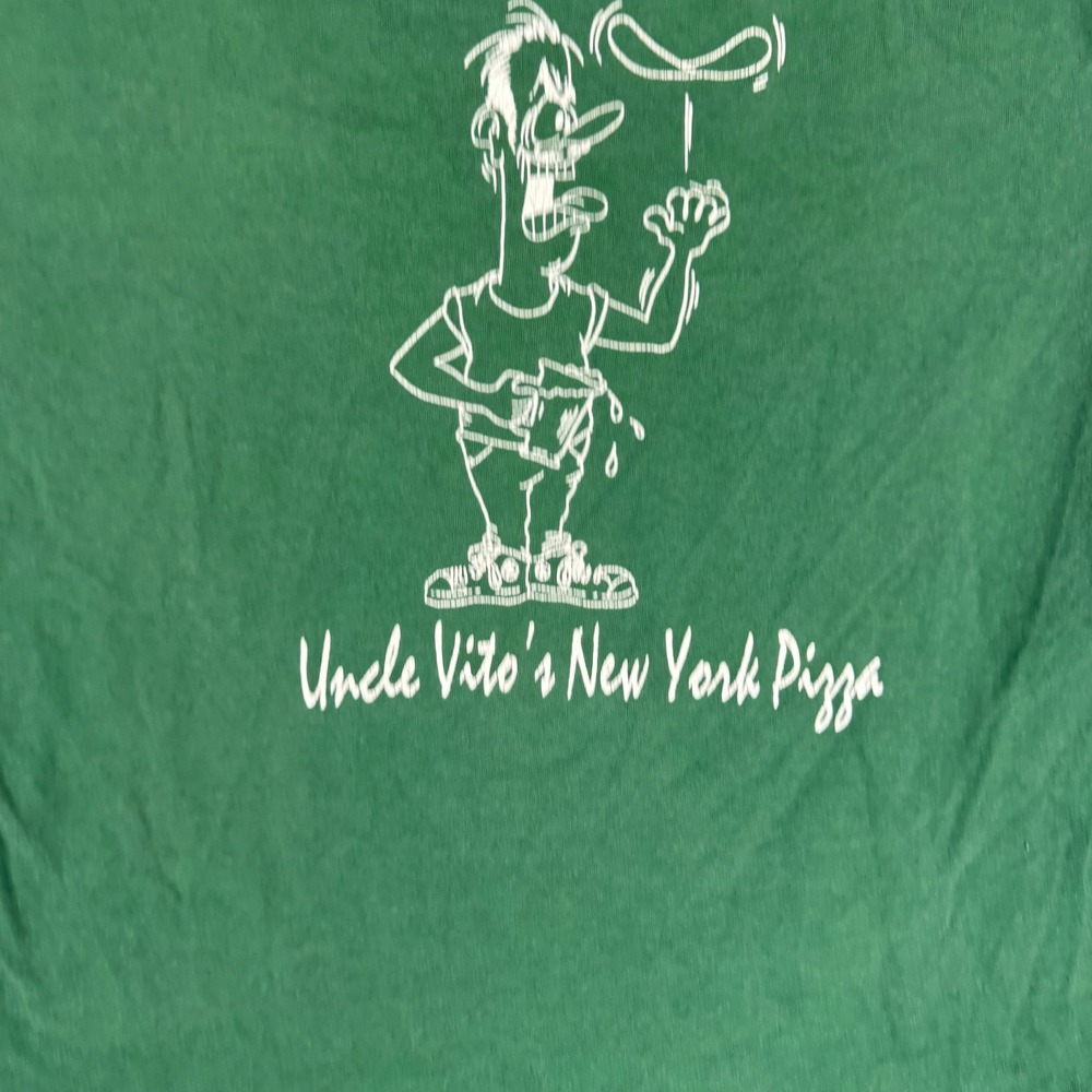 Hanes T-Shirt Mens Large Green Uncle Vitos Pizza Graphic Cotton USA Made GOOD